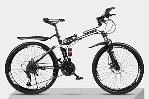 Electric Bike : JFSKD Folding mountain bike bicycle 26 inch double shock-absorbing cross-country speed racing male and female students bicycle, topblackandwhite, 30
