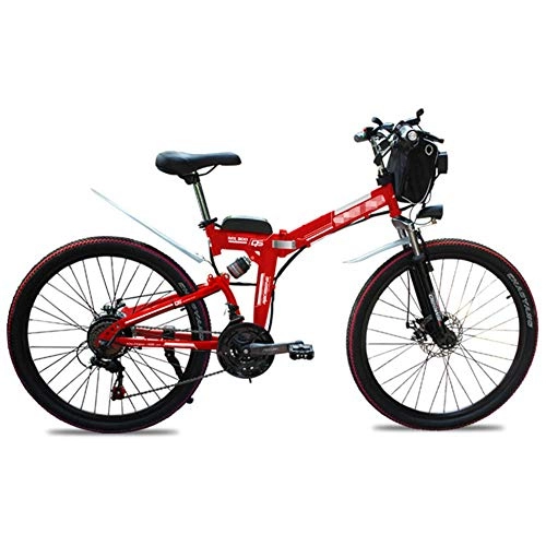 Electric Bike : JIEER 48V * 500W Electric Bike Mountain 26 Inch Folding Bike, Foldable Bicycle Adjustable Height Portable with LED Front Light, 4.0 Inch Fat Tire Mens / Women Bike for Cycling-Red