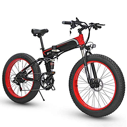 Electric Bike : JIEER Folding Electric Bikes for Adults, Mountain Bike 7 Speed Steel Frame 26 Inches Wheels Dual Suspension Folding Bike E-Bike Lightweight Bicycle for Unisex-Red
