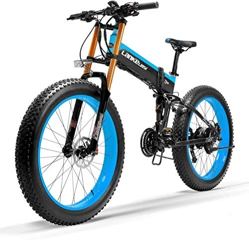 Electric Bike : JINHH 27 Speed 1000W Folding Electric Bike 26 * 4.0 Fat Bike 5 PAS Hydraulic Disc Brake 48V 10Ah Removable Lithium Battery Charging(Blue Upgraded, 1000W + 1 Spare B