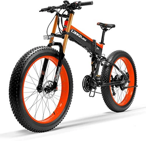 Electric Bike : JINHH 27 Speed 1000W Folding Electric Bike 26 * 4.0 Fat Bike 5 PAS Hydraulic Disc Brake 48V 10Ah Removable Lithium Battery Charging(Red Upgraded, 1000W + 1 Spare Ba