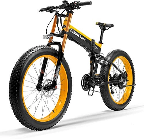 Electric Bike : JINHH 27 Speed 1000W Folding Electric Bike 26 * 4.0 Fat Bike 5 PAS Hydraulic Disc Brake 48V 10Ah Removable Lithium Battery Charging(Yellow Upgraded, 1000W)