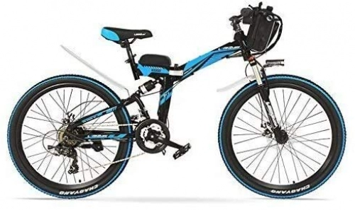 Electric Bike : JINHH Electric Mountain Bike, 24 inches, 48V 12AH 240W Pedal Assist Electrical Folding Bicycle, Full Suspension, Disc Brakes, E Bike, Mountain Bike (Color : Blue, Size : Standard)