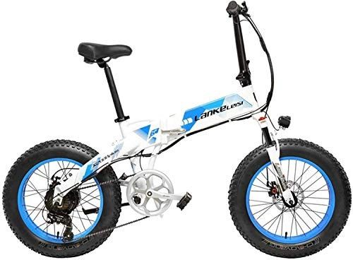 Electric Bike : JINHH Snow Bike, 20 Inch Fat Bike Folding Electric Bicycle 7 Speed Snow Bike 48V 10.4Ah / 14.5Ah 500W Motor Aluminium Alloy Frame 5 PAS Mountain Bike (Color : White Blue, Size :