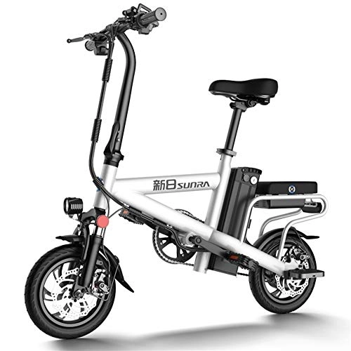 Electric Bike : JNWEIYU Electric Bicycle Adult Waterproof 12 inch Wheels Lightweight and Aluminum Alloy Material Folding E-Bike with Pedals 48V Lithium Ion Battery 350W Electric Moped Bikes (Color : White)