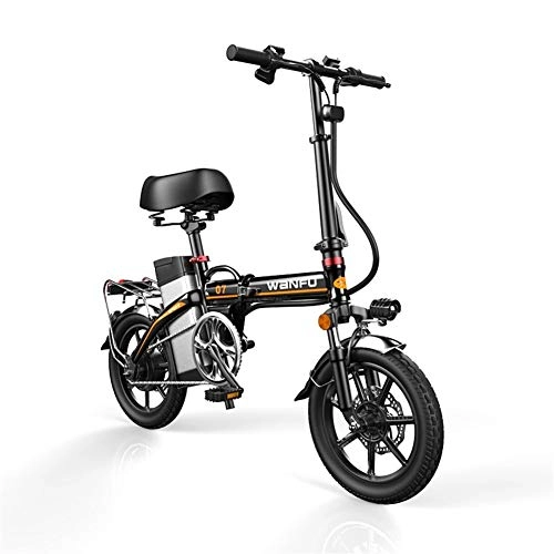 Electric Bike : JNWEIYU Electric Bicycle Adult Waterproof 14 inch Wheels Aluminum Alloy Frame Portable Folding Electric Bicycle with Removable 48V Lithium-Ion Battery Powerful Brushless Motor (Color : Black)