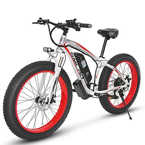 Electric Bike : JUYUN 26" Electric Mountain Bike, Rear Hub Brushless 350W Motor, Removable 48V15Ah Lithium Battery, Professional 21 Speed Beach Snow E-Bike, Dual Disc Brakes, White Red
