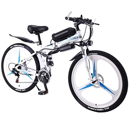 Electric Bike : JXH 26''Folding Electric Mountain Bike Adult, MTB with Dual Disc Brakes, Bicycle Removable Large Capacity Lithium-Ion Battery (36V 350W), Three Working Modes, White 8AH