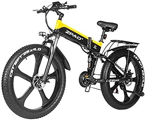 Electric Bike : JYCCH Electric Bike 48V 1000W Mountain 26inch Fat Tire E-Bike 21 Speeds Beach Cruiser Mens Sports Lithium Battery Hydraulic Disc Brakes (Color : Yellow) (Yellow )