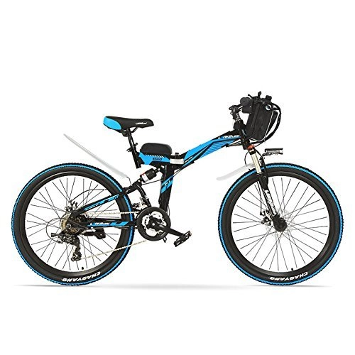 Electric Bike : K660 24 inches, 48V 240W Folding Electric Bicycle, Full Suspension, Disc Brakes, E Bike, Mountain Bike. (Black Blue, Plus 1 Spared Battery)