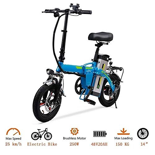 Electric Bike : kaige Folding Portable Electric Bicycle, Electric Bicycle 14 Inches Tires 400W Maximum 35km / H E Adult Bicycle QU526 (Color : White) WKY (Color : Blue)