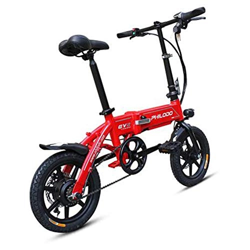 Electric Bike : KASIQIWA Electric Folding Bicycle, Ultra-Light 14 inch Wheel 36V Lithium Battery with Anti-theft lock LED headlights + Horn Adjustable Height Mini Bike for Adult, Red