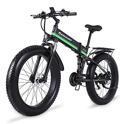 Electric Bike : KELKART Electric Mountain Bike 26-Inch Folding Fat Tire Electric Bike with 1000W Brushless Motor, with 48V 12.8AH Removable Lithium-ion Battery and Rear Seat (Green)