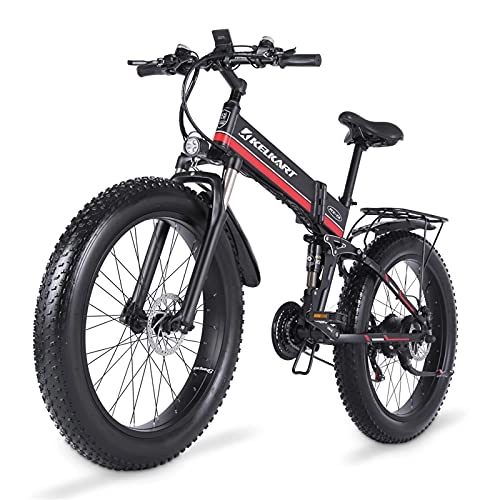 Electric Bike : KELKART Electric Mountain Bike 26-Inch Folding Fat Tire Electric Bike with 1000W Brushless Motor, with 48V 12.8AH Removable Lithium-ion Battery and Rear Seat (Red)