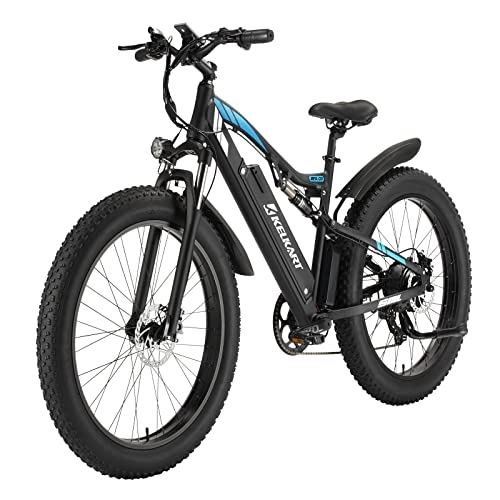 Electric Bike : KELKART Full Suspension Fat Tire Electric Bike, 26 inch Electric Mountain Bike for Adult 48V 17AH Lithium Ion Battery, 7-Speed, Hydraulic Brake System