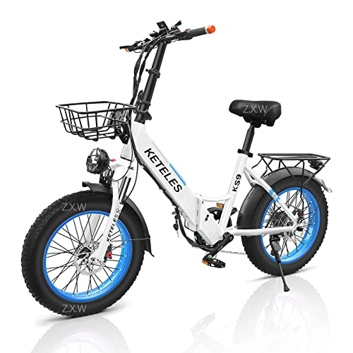 Electric Bike : KETELES KS9 Folding Electric Bike, 20”×4.0 Fat Tire Electric Bike for Adults, City E-Bike with 17.5Ah Removable Battery, Color LED Display, Long Range Ebike for Men and Women (white)