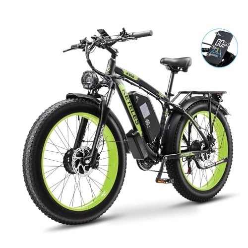 Electric Bike : Kinsella K800 dual motor 26-inch fat tire mountain electric bike has: 23AH (Samsung lithium battery), 4 color options, 21 speeds, color display. (Black green)