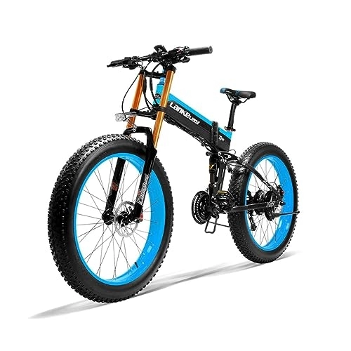 Electric Bike : Kinsella LANKELEISI XT750 PLUS Big Fork Fat Tire Electric Mountain Bike, Folding E-bike (Blue)