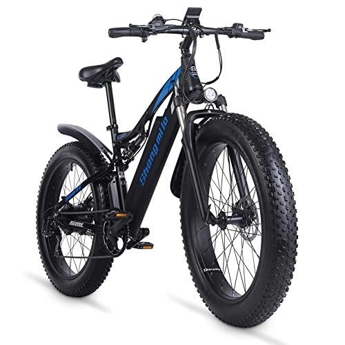 Electric Bike : Kinsella shengmino Electric Bicycle Lithium Battery, Full Suspension Electric Bicycle, Dual Hydraulic Disc Brake 26 * 4.0 Inch Fat Tire Adult Electric Bicycle, Mountain Bike-MX03