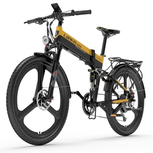 Electric Bike : Kinsella XT750 sports folding electric bike is equipped with: hydraulic disc brakes, 26 x 2.35 tires, 7 speeds and 48 V 12.8 Ah lithium battery (black yellow)