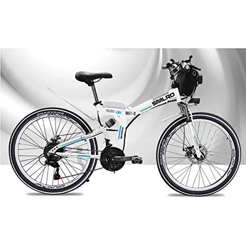 Electric Bike : KOSGK Electric Mountain Bike 48V Children's Bicycles 26 Inch Folding E-bike with 4.0" Fat Tyres Spoke Wheels Premium Full Suspension, White