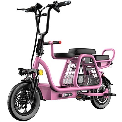 Electric Bike : KT Mall 350W Folding Electric Bike 12" Electric Bikes for Adults 48V 8AH Lithium Battery Mountain Electric Scooter with Storage Basket And Detachable Kid Seat Top Speed 15.5Mph, Pink, 6A / 288Wh