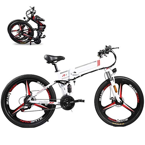 Electric Bike : KT Mall 350W Folding Electric Bike 26" Electric Bike Mountain E-Bike 21 Speed 48V 8A / 10A / 12.8A Removable Lithium Battery Electric Bikes for Adults 3 Mode Top Speed 21.7Mph, White, 12.8AH