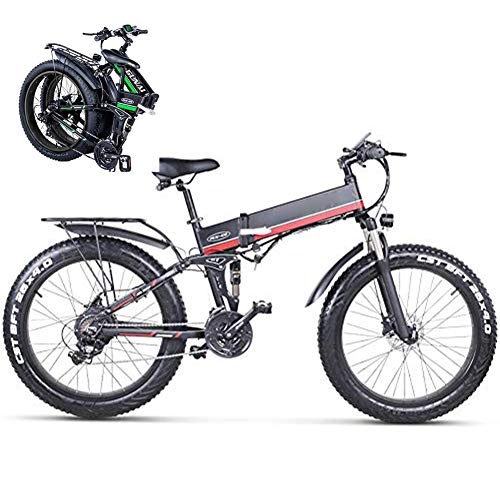 Electric Bike : KuaiKeSport Folding Electric Mountain Bike for Adults, 26Inch E-bike for Adult, 48V 1000W High Speed Ebike 12.8 AH Removable Lithium Battery Travel Assisted Electric Bike Fat Tire Fold up Bike, Red