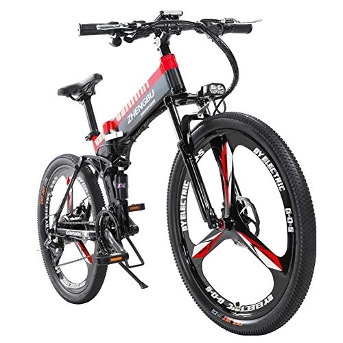 Electric Bike : L.HPT Electric Mountain Bike Foldable Bicycle Mens 26inch 27 48V10Ah Lithium Battery Bicycle For Adult Maximum Load 150kg Endurance 90KM Black+Red