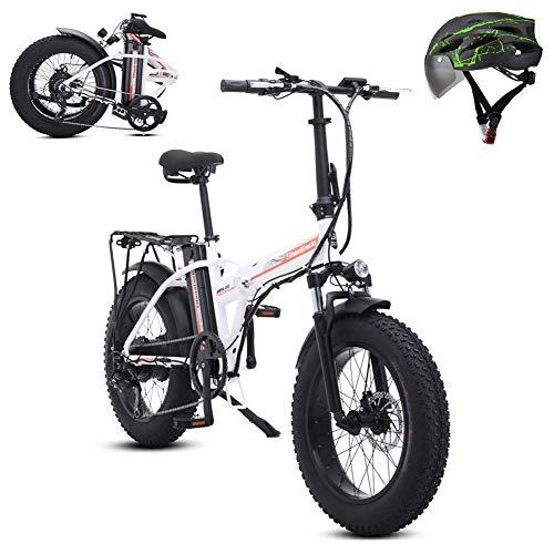 Electric Bike : L-LIPENG Folding Electric Mountain bike 500w Motor 48v / 15ah Removable Lithium Battery 20 * 4.0inch Snow tire Professional 21-Speed off-road Mountain bike, White