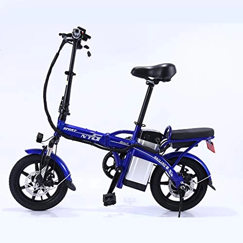 Electric Bike : LALAWO Folding Electric Bike for Adults, 14 Inches 48V Removable Lithium Battery Beach Snow Bicycle for Rider Office Worker Maximum Load 150Kg, Blue, 50 / 60km