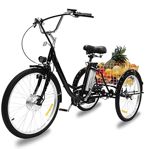 Electric Bike : LANGTAOSHA Electric Tricycle 3 Wheel Ebike 24" for Adults with LCD Monitor Removable Lithium Battery (12Ah), Black Electric Trike Bicycles with Large Basket for Outings Shopping