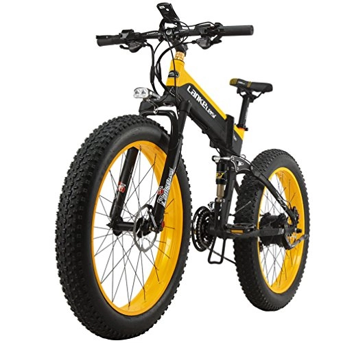 Electric Bike : LANKELEISI 1000W Motor New All-terrain Powerful Electric Bike 26'' 4.0 Fat 48V10AH Ebike 27 Speed Snow MTB Folding Electric Bicycle (Black-Yellow)