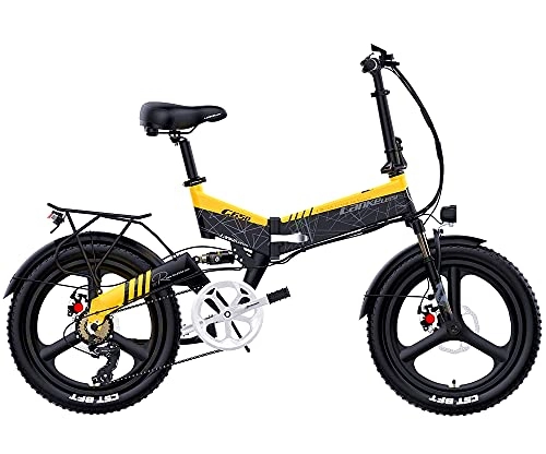 Electric Bike : LANKELEISI 20" Electric Bike for Adult, Foldable Electric Commuter Bicycle with 400W Brushless Motor 48V 10.4Ah / 12.8Ah / 14.5Ah Lithium Battery7-speed Gear (Black yellow, 14.5Ah)
