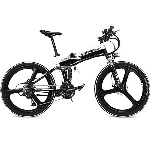 Electric Bike : LANKELEISI 26 inches Folding Electric Bicycle, Magnesium Alloy Rim, Hidden Lithium Battery, 27 Speed Mountain Bike, Full Suspension (White Black)