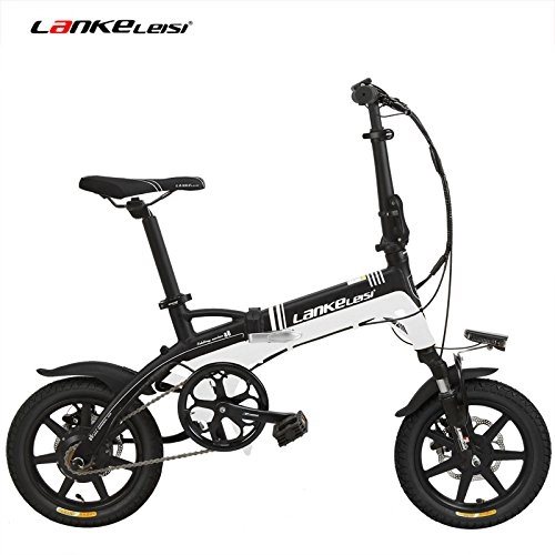 Electric Bike : LANKELEISI A6 Elite 14 Inches Folding Electric Bicycle, 36V 8.7Ah Hidden Lithium Battery, Aluminum Alloy Frame, 5 Grade Pedal Assist, Integrated Wheel (Black White, Plus 1 Spare Battery)