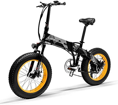 Electric Bike : LANKELEISI Adult Electric Bicycle, 48V 12.8AH 1000W X2000 All-round Electric Bicycle, 20" 4.0 Fat Tire 7-speed Mountain Folding Electric Bicycle (Yellow, No spare battery)