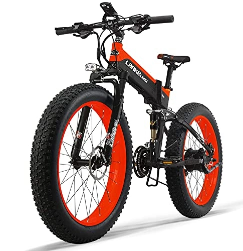 Electric Bike : LANKELEISI Adult Electric Bicycle, 48V 14.5AH 1000W XT750 Multi-function Electric Bicycle, 26" 4.0 Fat Tires, 5-speed Assisted Mountain Folding Electric Bicycle(red)