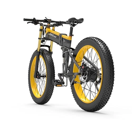 Electric Bike : LANKELEISI Adult Electric Bike, 48V 14.5AH 1000W 750PLUS All-round Electric Bicycle, 26" 4.0 Fat Tire Mountain Folding Electric Bicycle, with Anti-theft Device (Yellow, No spare battery)
