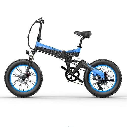 Electric Bike : LANKELEISI Adult Electric Bike 48v 14ah 1000W X3000 Almighty Electric Bike, 20 * 4.0 Fat Tire Electric Bike Mountain Bike Folding Bike Snowmobile (Blue, Add spare battery)