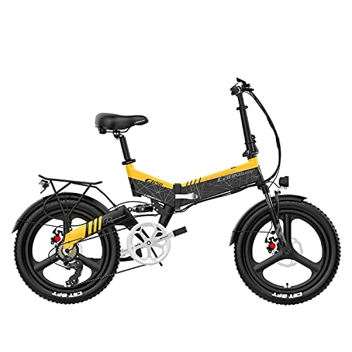 Electric Bike : LANKELEISI electric bicycle 20*2.4 fat tire mountain bike adult foldable electric bicycle 400w48v lithium battery Shimano 7-speed ebike multifunctional electric bicycle with anti-theft device (yellow)