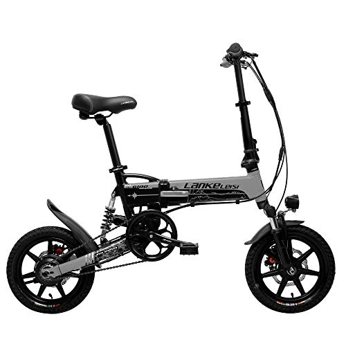 Electric Bike : LANKELEISI G100 14 Inch Folding Electric Bicycle, 400W Motor, Full Suspension, Double Disc Brake, with LCD Display, 5 Level Pedal Assist (Black Grey, 8.7Ah)