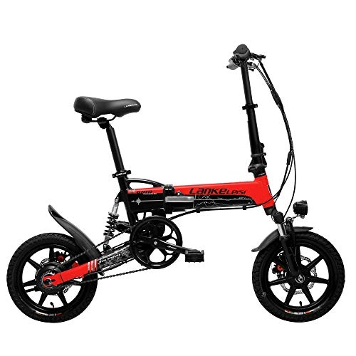 Electric Bike : LANKELEISI G100 14 Inch Folding Electric Bicycle, 400W Motor, Full Suspension, Double Disc Brake, with LCD Display, 5 Level Pedal Assist (Black Red, 8.7Ah + 1 Spare Battery)