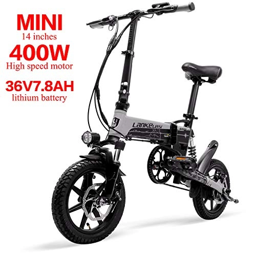 Electric Bike : LANKELEISI G100 14-inch mini portable folding electric bicycle, 400W high-speed motor, front and rear suspension, with LCD display, 5 Level Pedal Assist