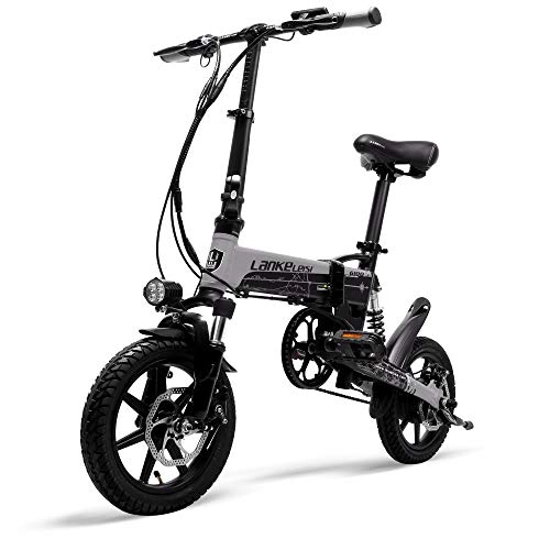 Electric Bike : LANKELEISI G100 Mini Folding Electric Bike, 14 Inches Pedal Assist Bicycle, 36V / 8.7A Removable Battery, Disc Brake, Magnesium Alloy Rim (Grey)