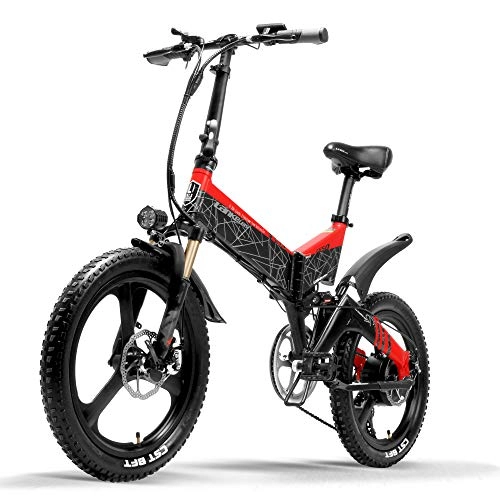 Electric Bike : LANKELEISI G650 Electric Bicycle 20 Inch Mountain Bike Folding E-bike 400W 48V Lithium Battery 7 Speed Pedal Assist Bicycle Full Suspension (Red, 1 Extra 12.8Ah)
