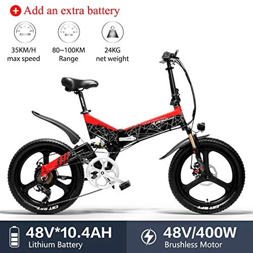 Electric Bike : LANKELEISI G650 Electric Bicycle 20 x 2.4 inch Mountain Bike Folding Electric city Bike for Adult 400w 48v 10.4ah Lithium Battery Shimano 7 Speed for woman / man bike (Red + 1 extra battery)