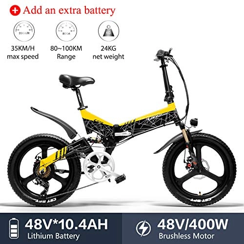 Electric Bike : LANKELEISI G650 Electric Bicycle 20 x 2.4 inch Mountain Bike Folding Electric city Bike for Adult 400w 48v 10.4ah Lithium Battery Shimano 7 Speed for woman / man bike (Yellow + 1 extra battery)