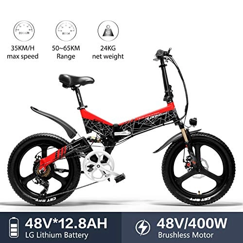 Electric Bike : LANKELEISI G650 Electric Bicycle 20 x 2.4 inch Mountain Bike Folding Electric city Bike for Adult 400w 48v 12.8ah LG Lithium Battery Shimano 7 Speed for woman / man bike (Red)