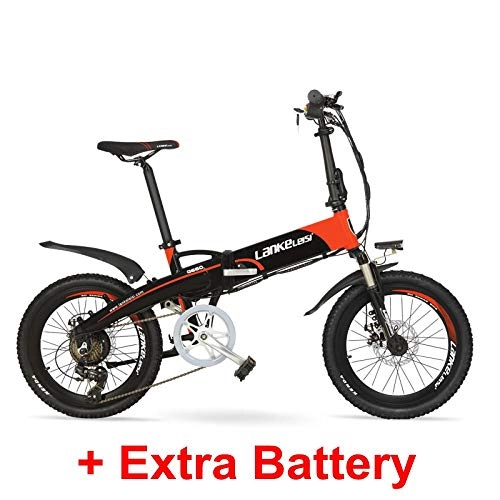 Electric Bike : LANKELEISI G660 20 Inch Folding Electric Bicycle 48V / 240W 10.4Ah Lithium Battery 7 Speed Assist E-Bike - 5 Gear Positions Mini Mountain Bike for Men Women (Black-red + Extra Battery)